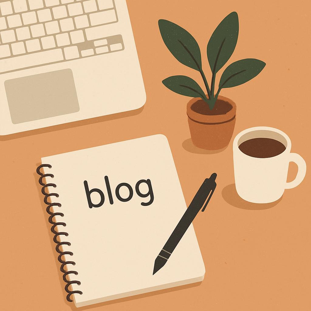 Bild von einem Blog-Setup, enthält Laptop, Notebook, Pflanze und Kaffee.